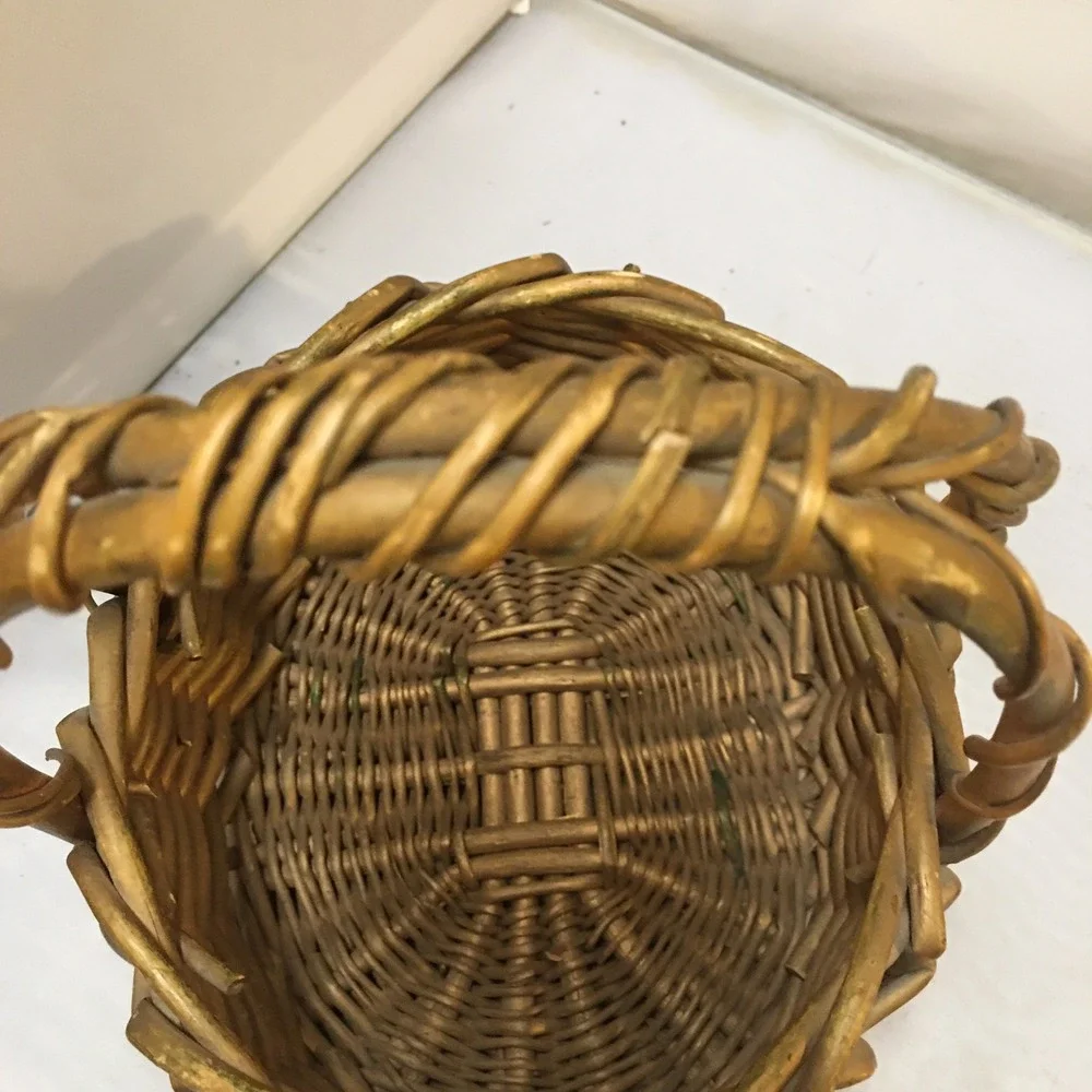Woven Wicker Basket Small Gold Brown Rustic Double Handle Decor Cottagecore